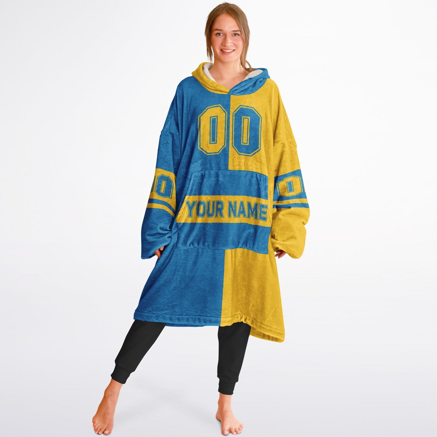 Blue and gold halftime snug hoodie featuring a symmetrical split design for a dynamic game-day look.