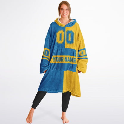 Blue and gold halftime snug hoodie featuring a symmetrical split design for a dynamic game-day look.