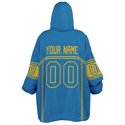 Blue and gold lineup snug hoodie featuring sleek line-art details and minimalist team-inspired design.