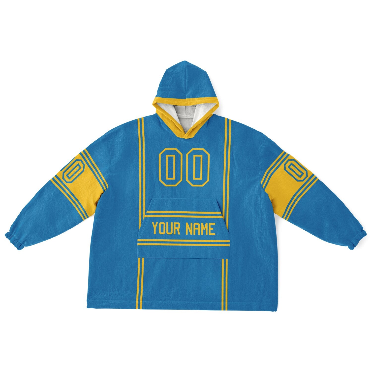 Blue and gold lineup snug hoodie featuring sleek line-art details and minimalist team-inspired design.