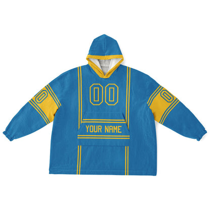 Blue and gold lineup snug hoodie featuring sleek line-art details and minimalist team-inspired design.
