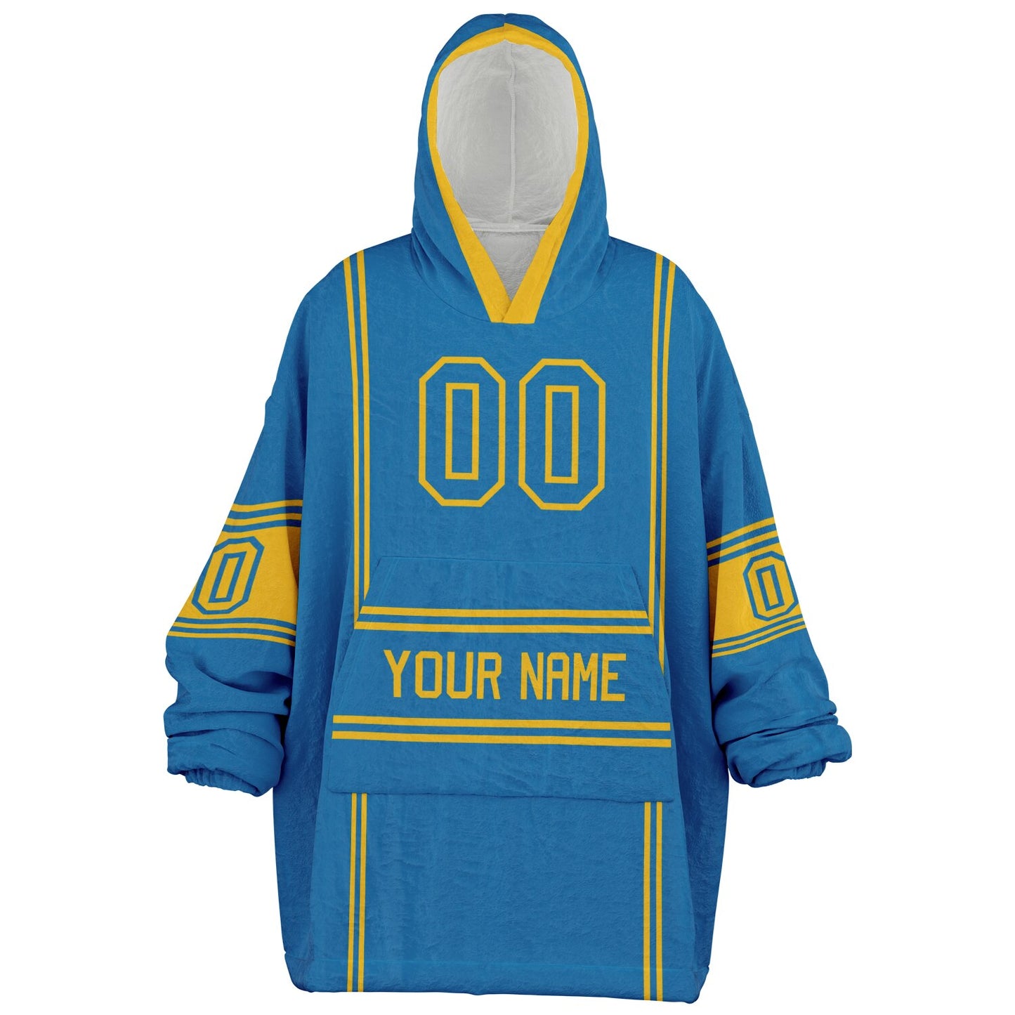 Blue and gold lineup snug hoodie featuring sleek line-art details and minimalist team-inspired design.