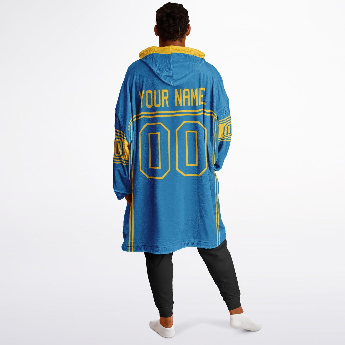 Blue and gold lineup snug hoodie featuring sleek line-art details and minimalist team-inspired design.