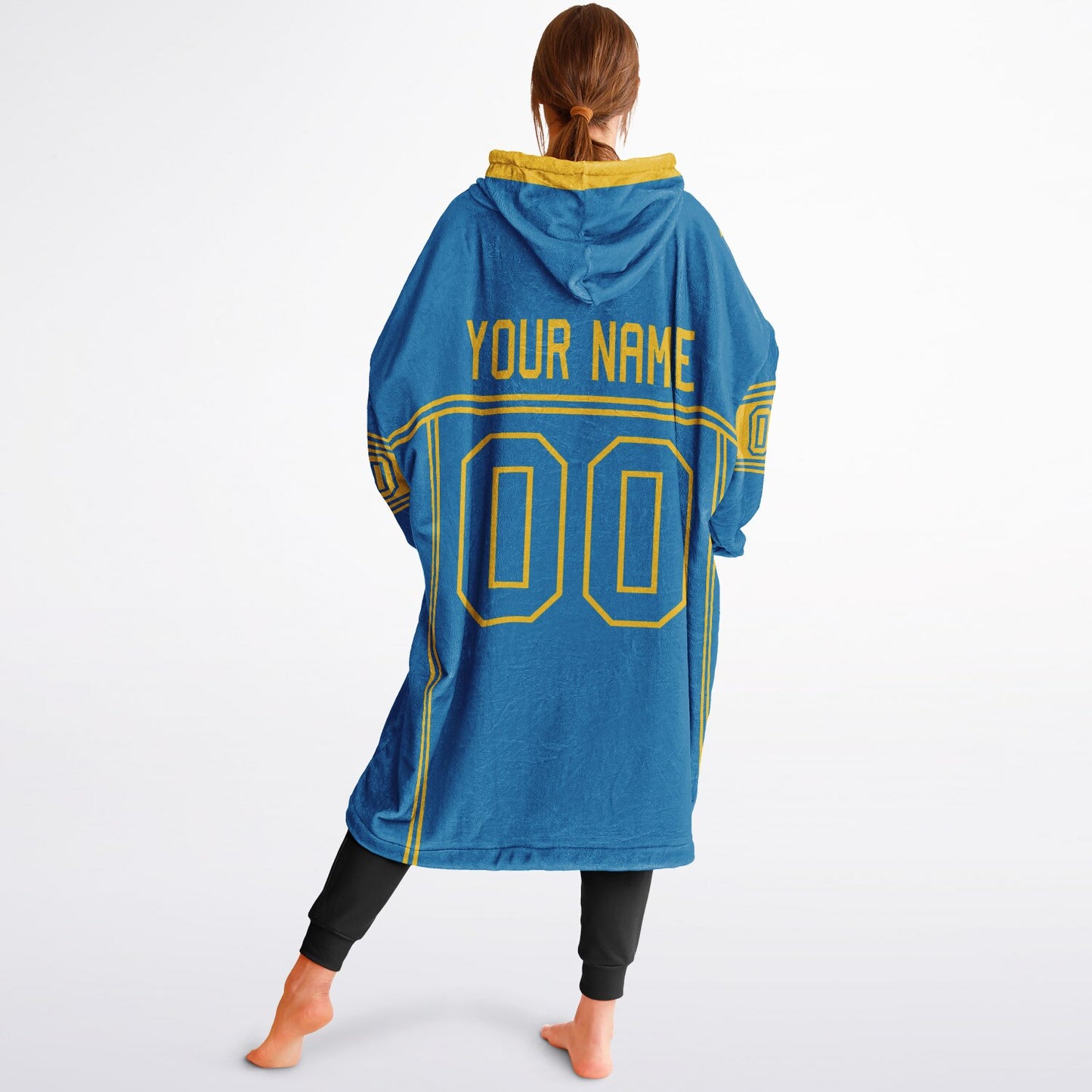 Blue and gold lineup snug hoodie featuring sleek line-art details and minimalist team-inspired design.