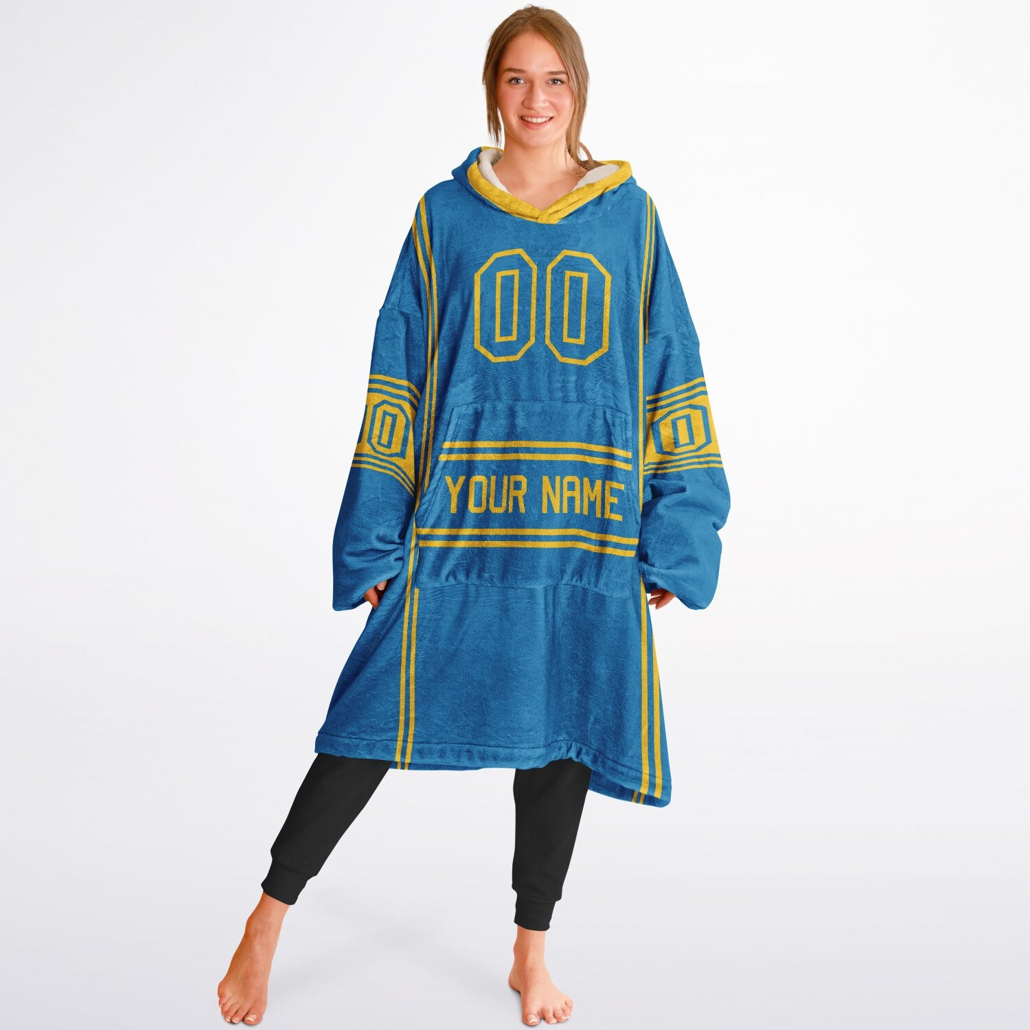 Blue and gold lineup snug hoodie featuring sleek line-art details and minimalist team-inspired design.