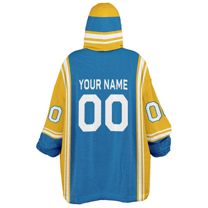 Blue, gold, and white bold snug hoodie with triple color blocking and a sporty aesthetic.