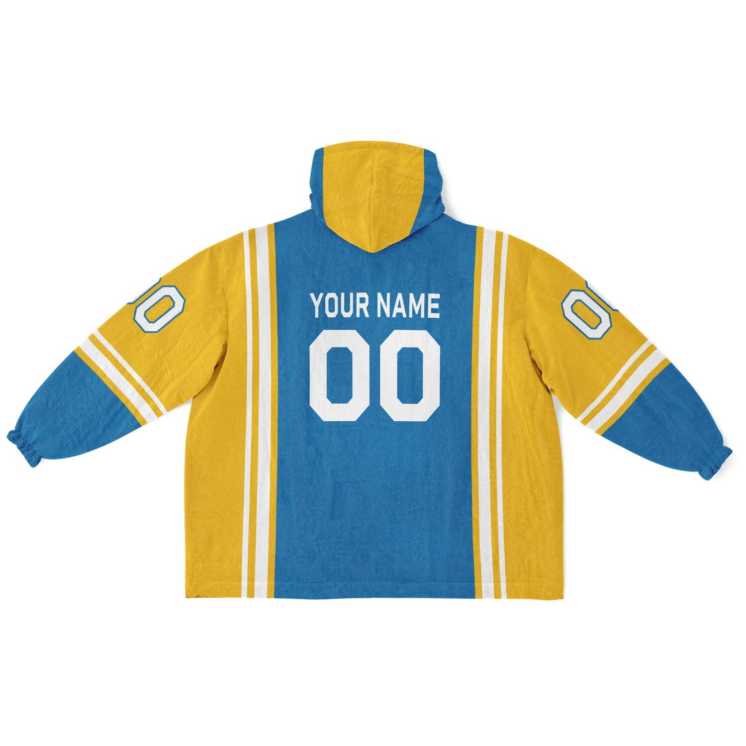 Blue, gold, and white bold snug hoodie with triple color blocking and a sporty aesthetic.