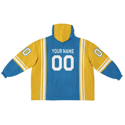 Blue, gold, and white bold snug hoodie with triple color blocking and a sporty aesthetic.