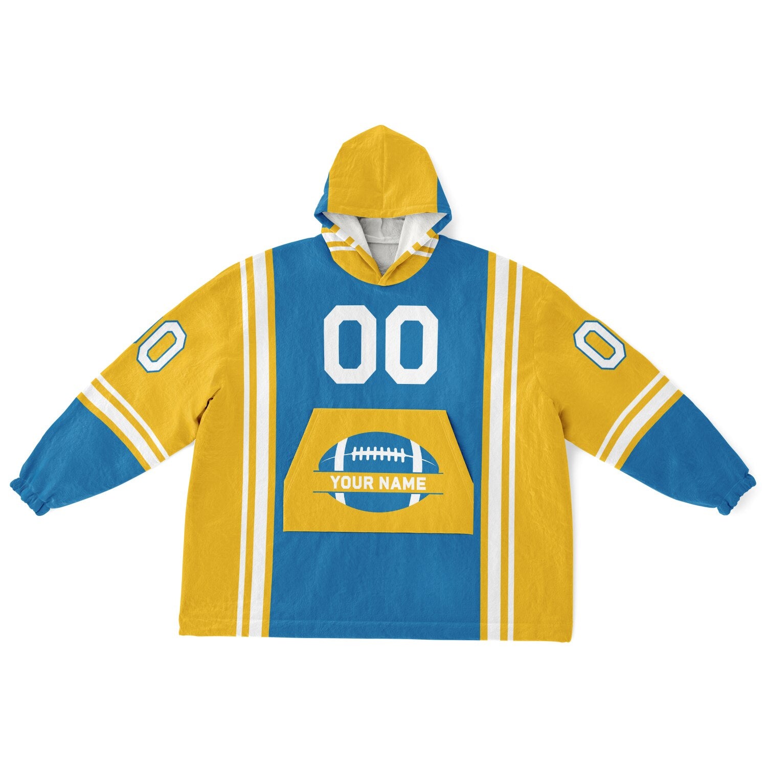 Blue, gold, and white bold snug hoodie with triple color blocking and a sporty aesthetic.