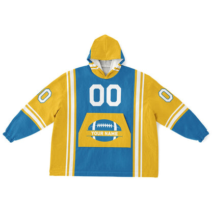 Blue, gold, and white bold snug hoodie with triple color blocking and a sporty aesthetic.