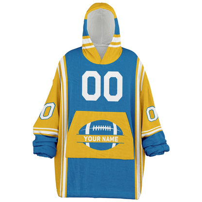 Blue, gold, and white bold snug hoodie with triple color blocking and a sporty aesthetic.