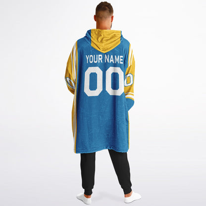 Blue, gold, and white bold snug hoodie with triple color blocking and a sporty aesthetic.
