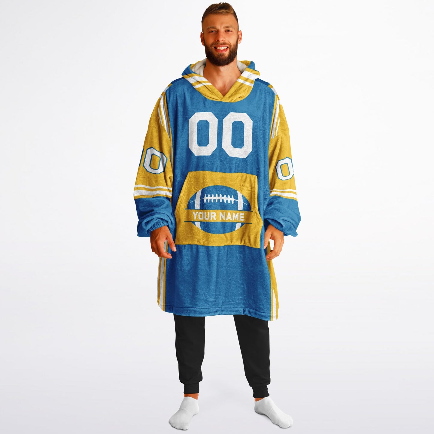 Blue, gold, and white bold snug hoodie with triple color blocking and a sporty aesthetic.