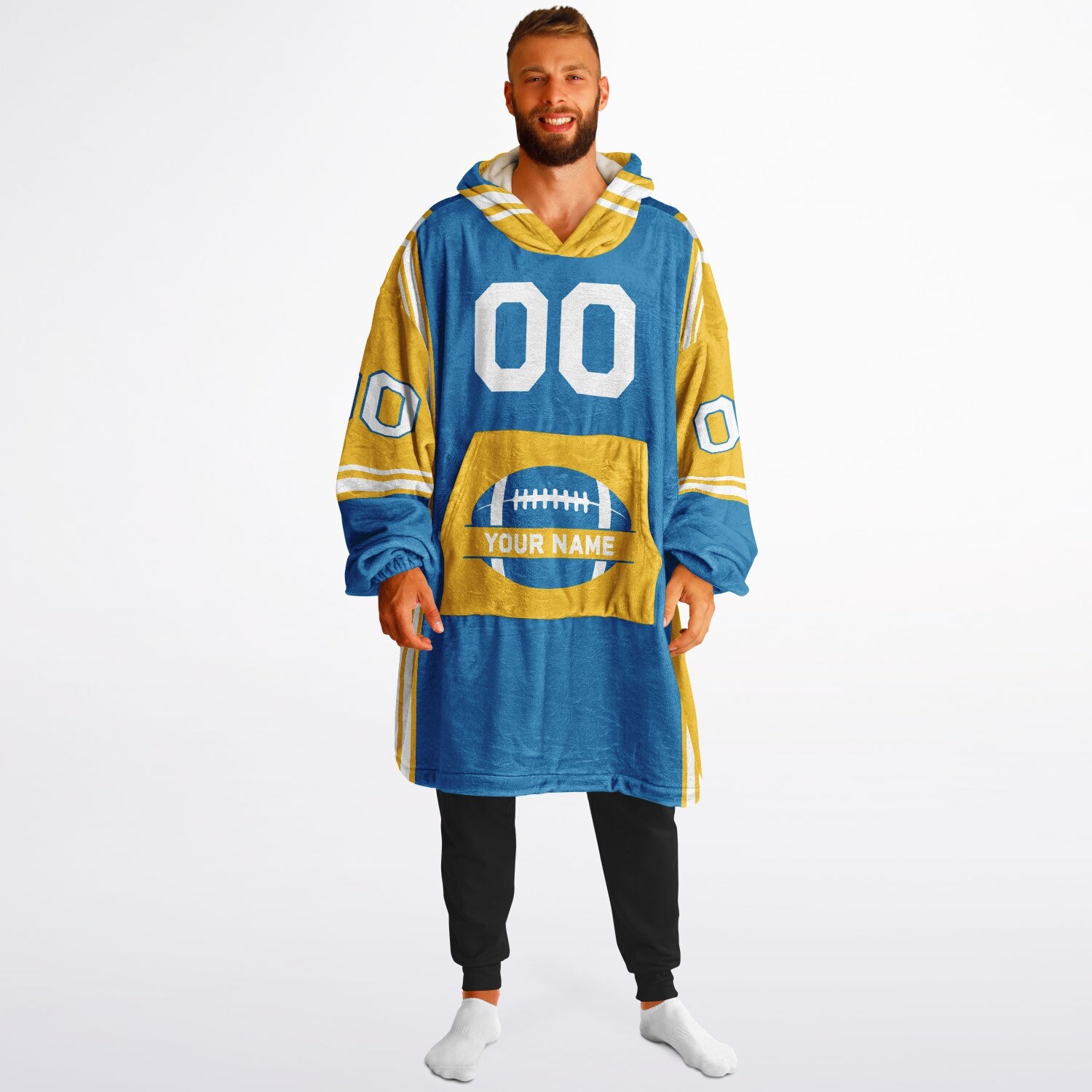 Blue, gold, and white bold snug hoodie with triple color blocking and a sporty aesthetic.