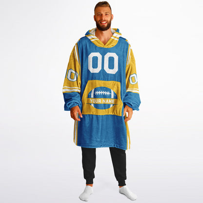 Blue, gold, and white bold snug hoodie with triple color blocking and a sporty aesthetic.