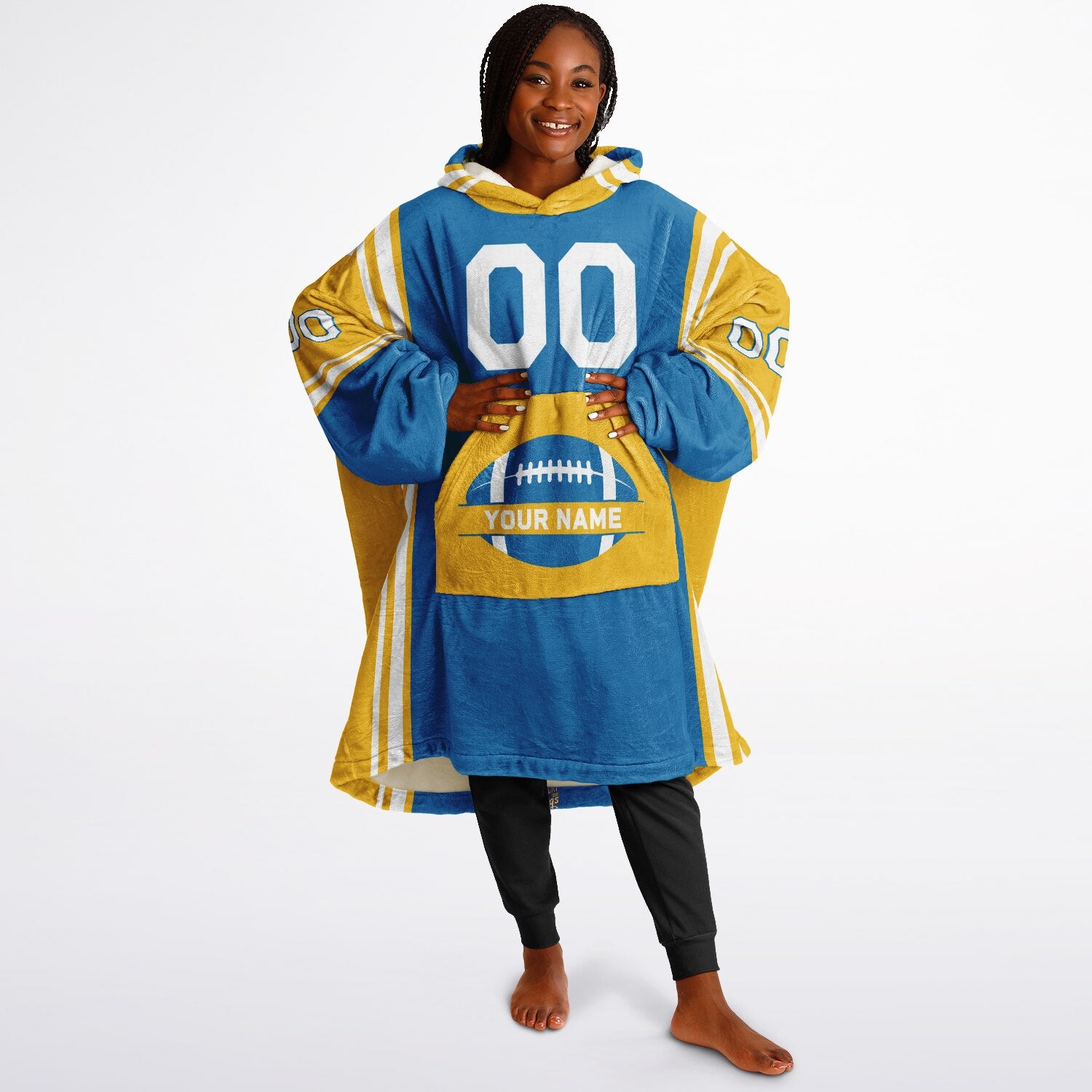 Blue, gold, and white bold snug hoodie with triple color blocking and a sporty aesthetic.