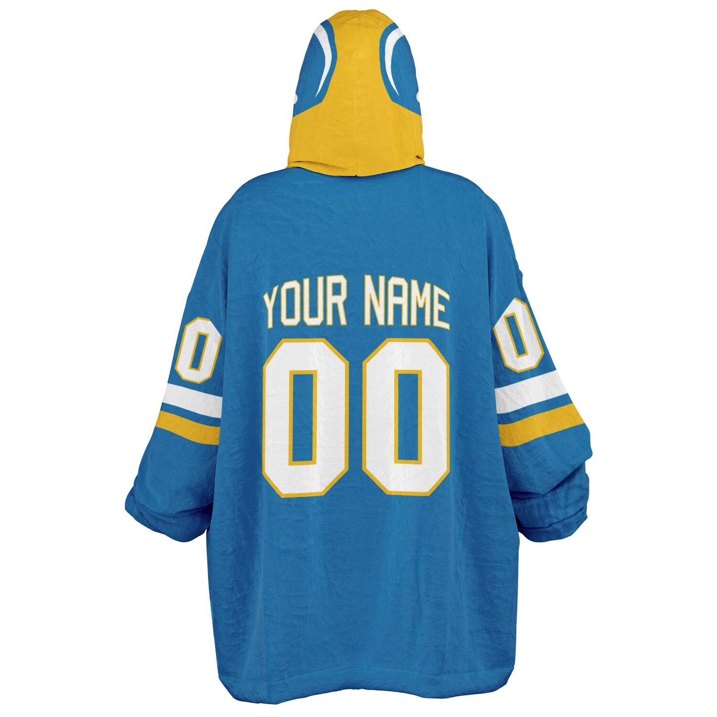 Blue, gold, and white classic snug hoodie featuring authentic jersey striping and personalized number details.