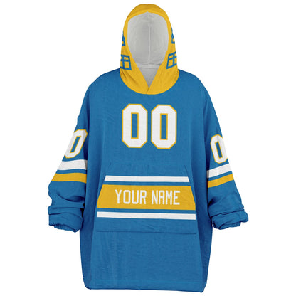 Blue, gold, and white classic snug hoodie featuring authentic jersey striping and personalized number details.