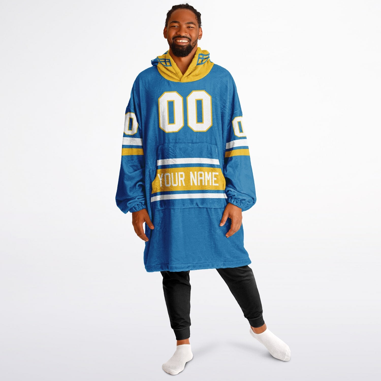 Blue, gold, and white classic snug hoodie featuring authentic jersey striping and personalized number details.