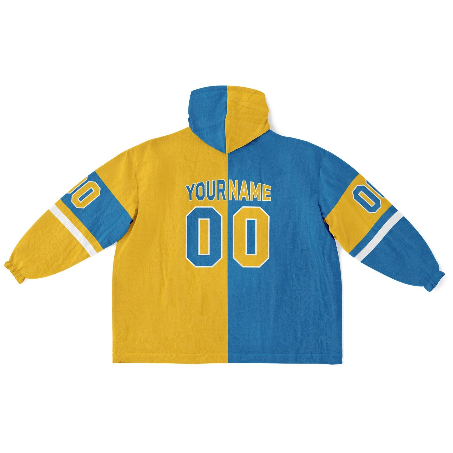 Blue, gold, and white halftime snug hoodie with three-tone split design and cozy fleece texture.
