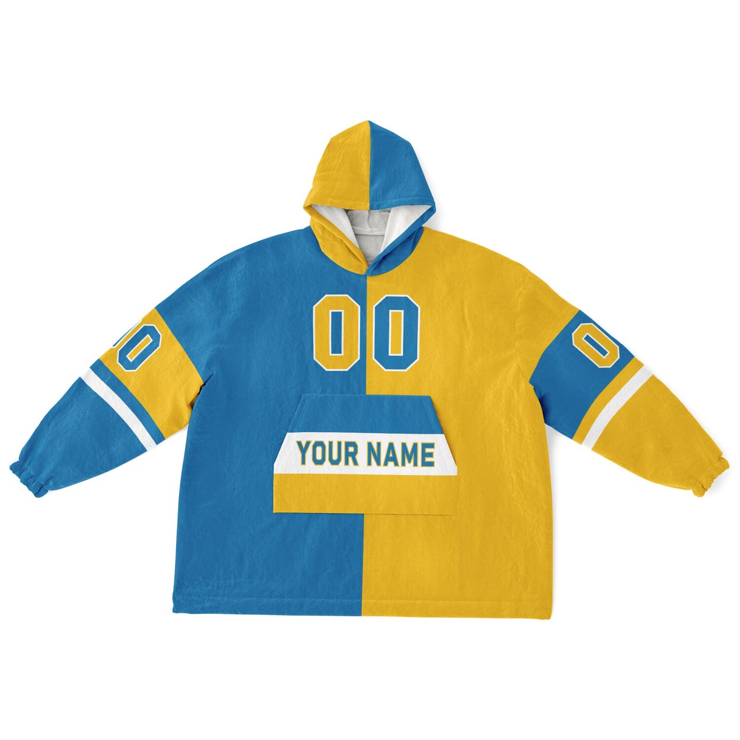 Blue, gold, and white halftime snug hoodie with three-tone split design and cozy fleece texture.