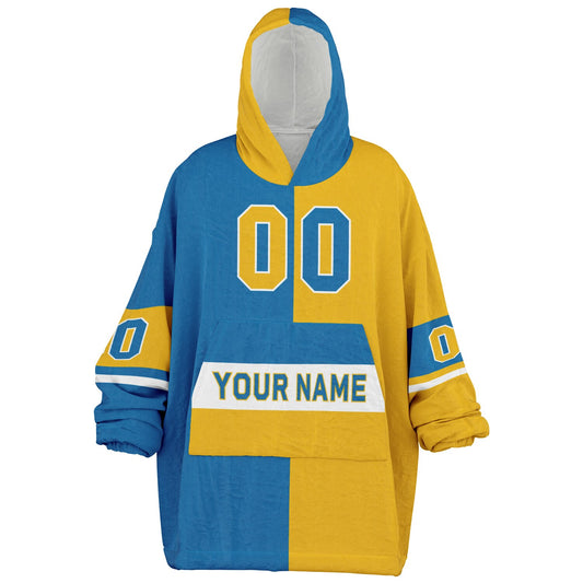 Blue, gold, and white halftime snug hoodie with three-tone split design and cozy fleece texture.