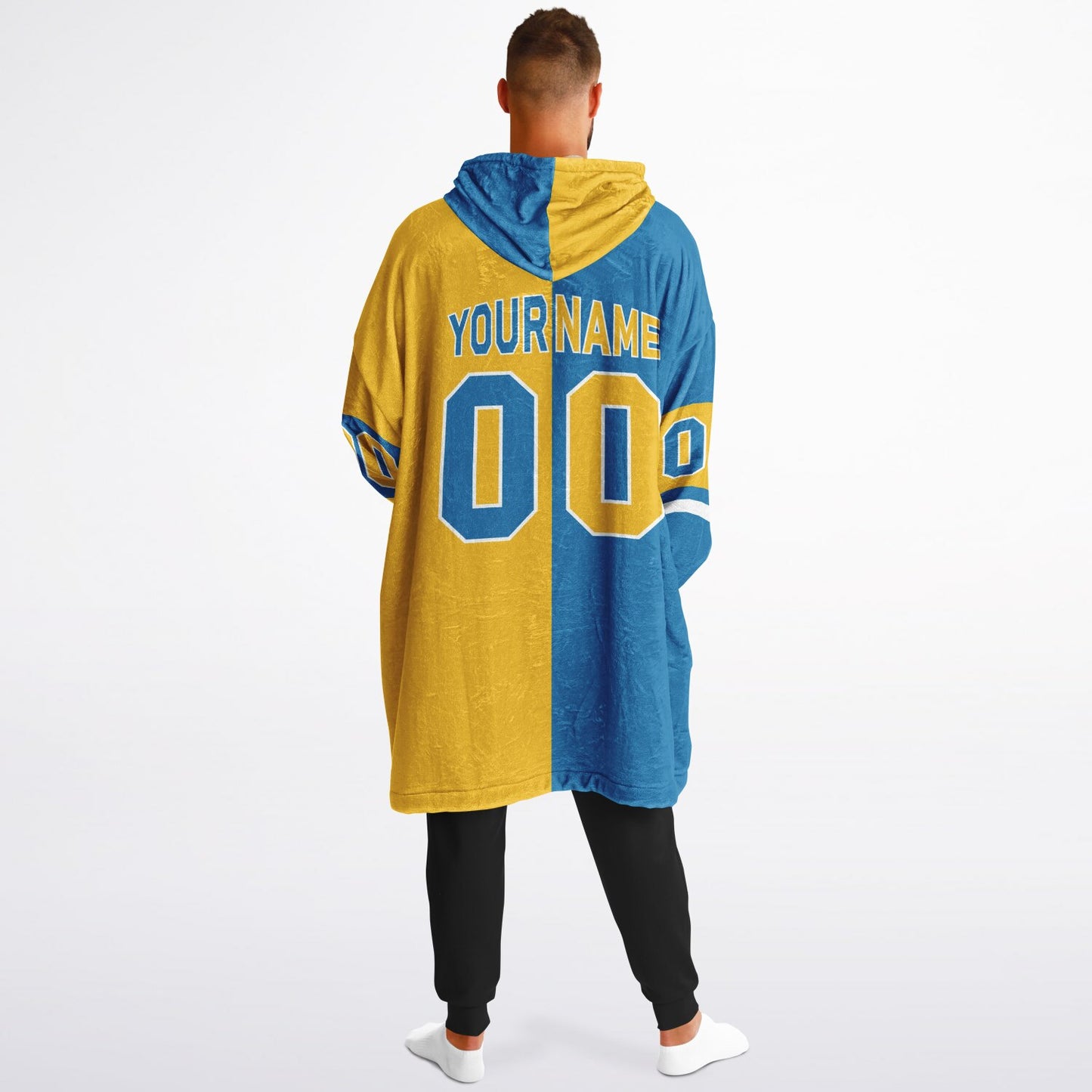 Blue, gold, and white halftime snug hoodie with three-tone split design and cozy fleece texture.