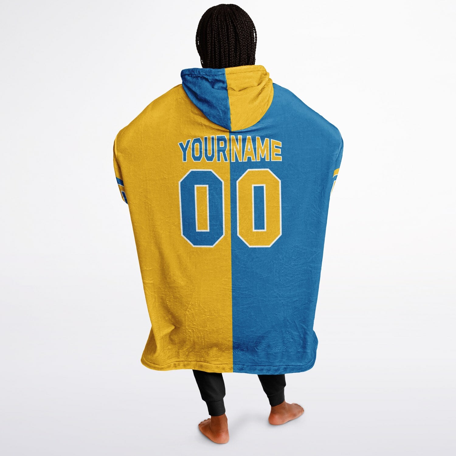 Blue, gold, and white halftime snug hoodie with three-tone split design and cozy fleece texture.
