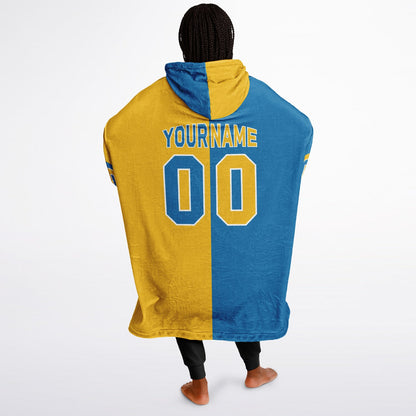 Blue, gold, and white halftime snug hoodie with three-tone split design and cozy fleece texture.