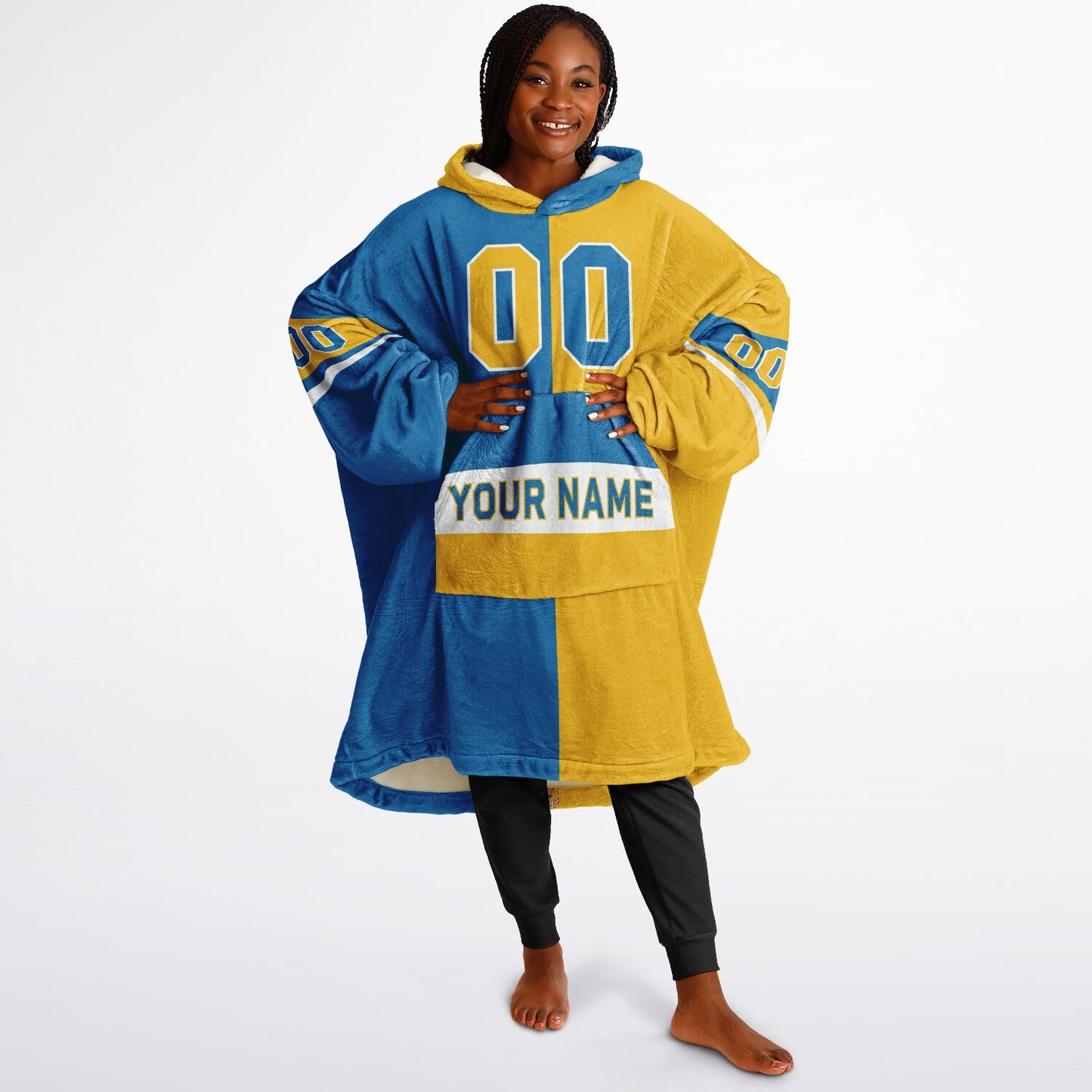 Blue, gold, and white halftime snug hoodie with three-tone split design and cozy fleece texture.