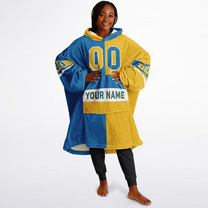 Blue, gold, and white halftime snug hoodie with three-tone split design and cozy fleece texture.