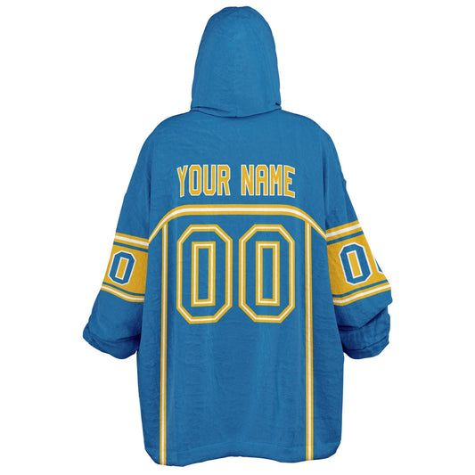 Blue, gold, and white lineup snug hoodie with clean line work and subtle jersey influence.