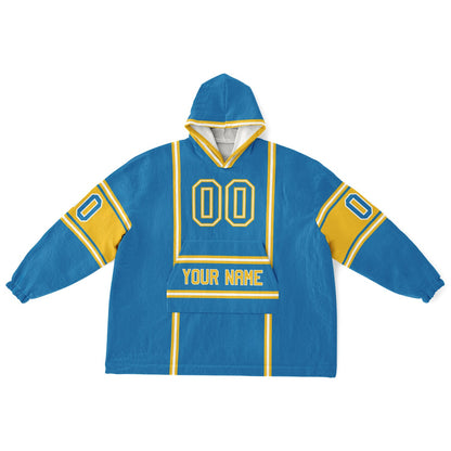 Blue, gold, and white lineup snug hoodie with clean line work and subtle jersey influence.