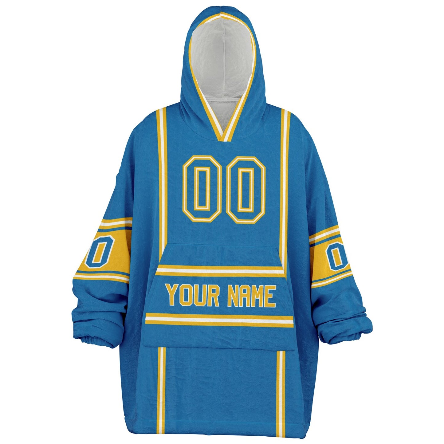 Blue, gold, and white lineup snug hoodie with clean line work and subtle jersey influence.