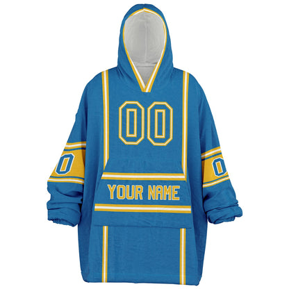 Blue, gold, and white lineup snug hoodie with clean line work and subtle jersey influence.
