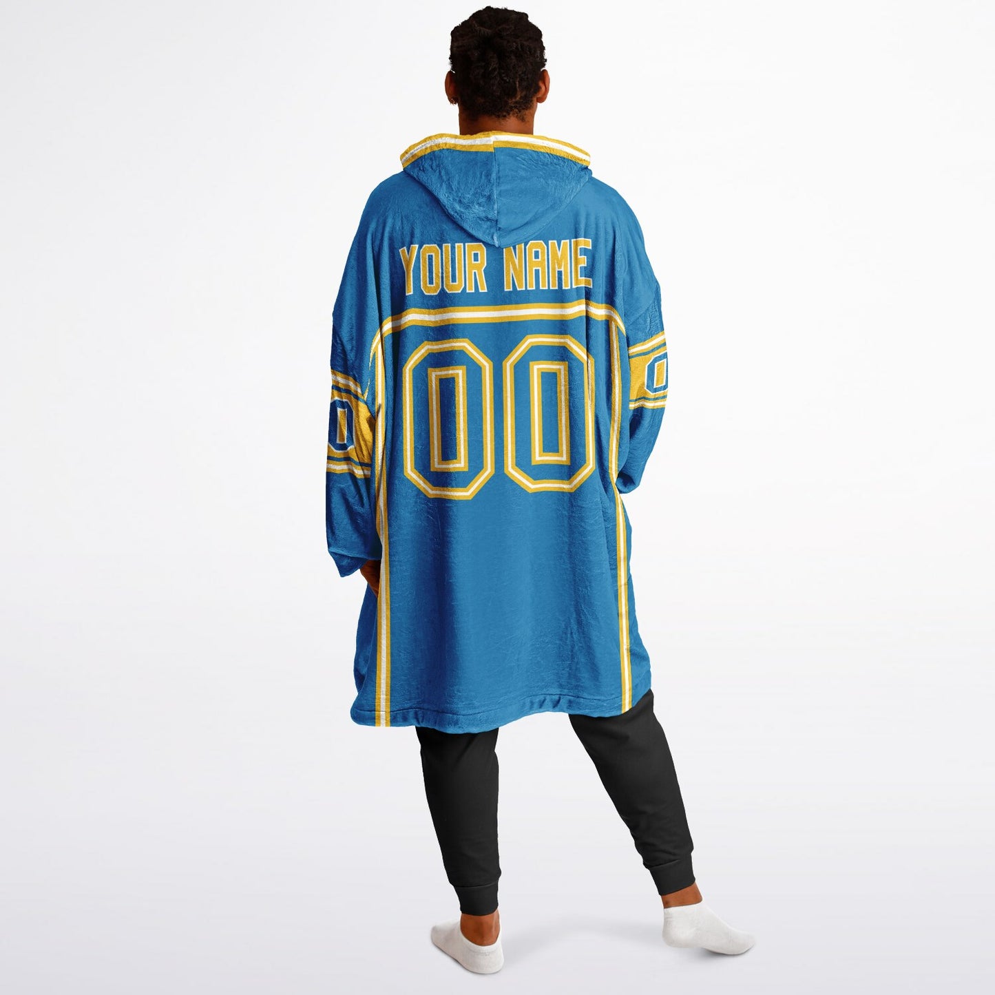 Blue, gold, and white lineup snug hoodie with clean line work and subtle jersey influence.