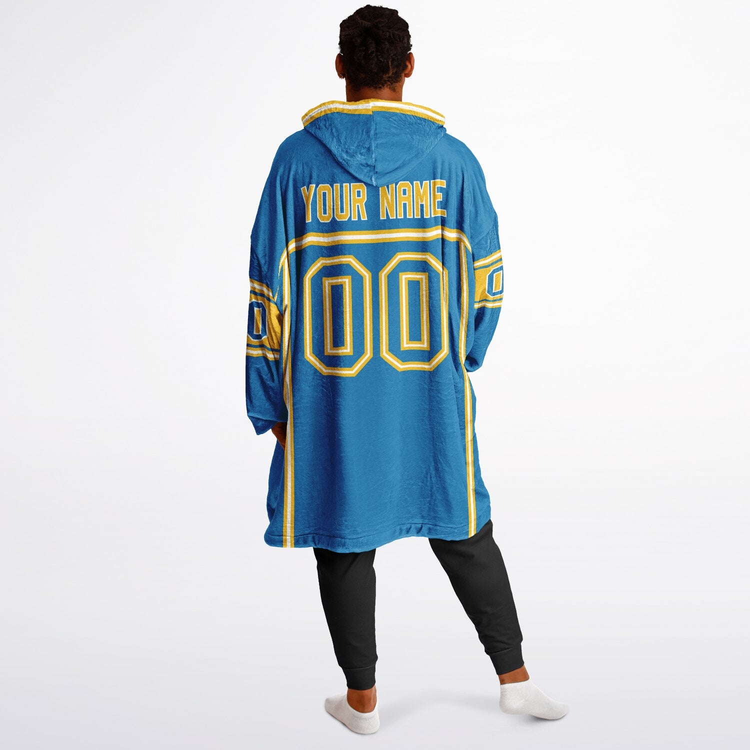 Blue, gold, and white lineup snug hoodie with clean line work and subtle jersey influence.