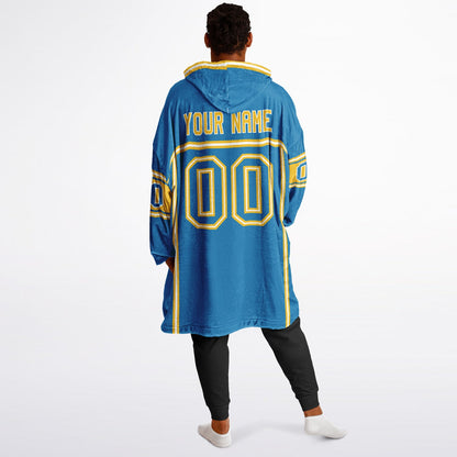 Blue, gold, and white lineup snug hoodie with clean line work and subtle jersey influence.