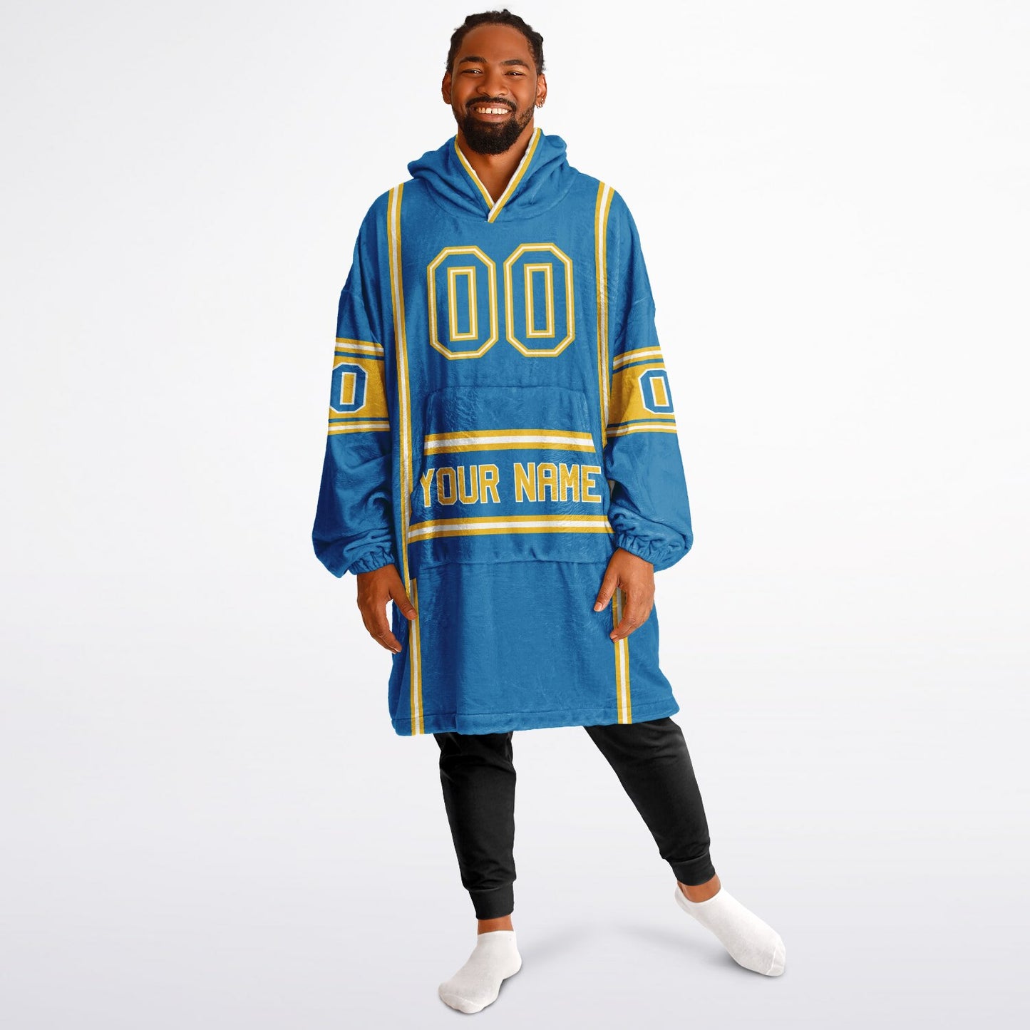 Blue, gold, and white lineup snug hoodie with clean line work and subtle jersey influence.