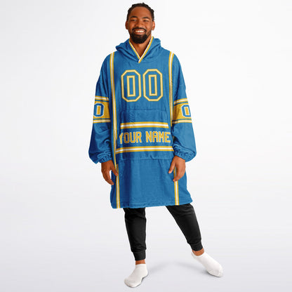 Blue, gold, and white lineup snug hoodie with clean line work and subtle jersey influence.