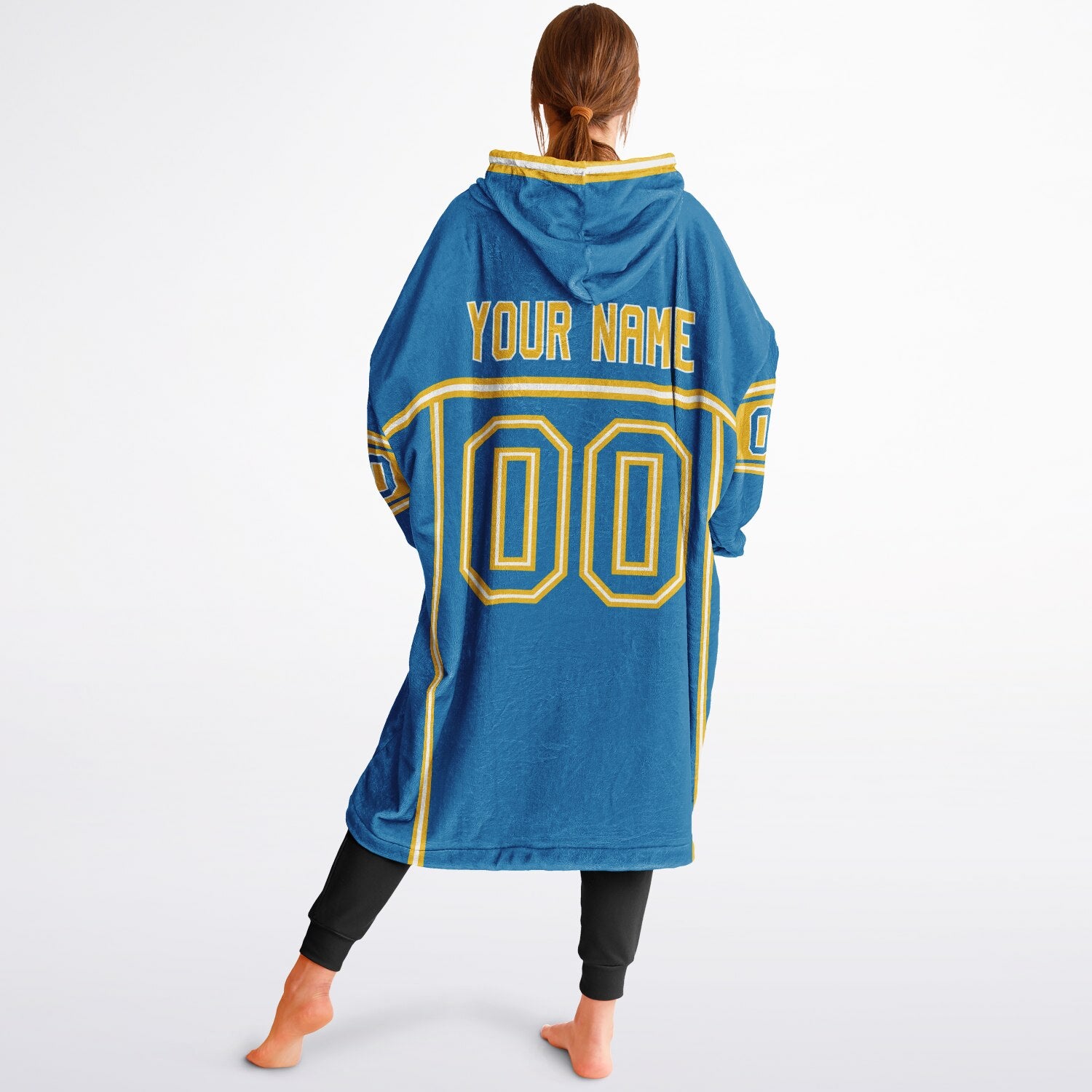Blue, gold, and white lineup snug hoodie with clean line work and subtle jersey influence.