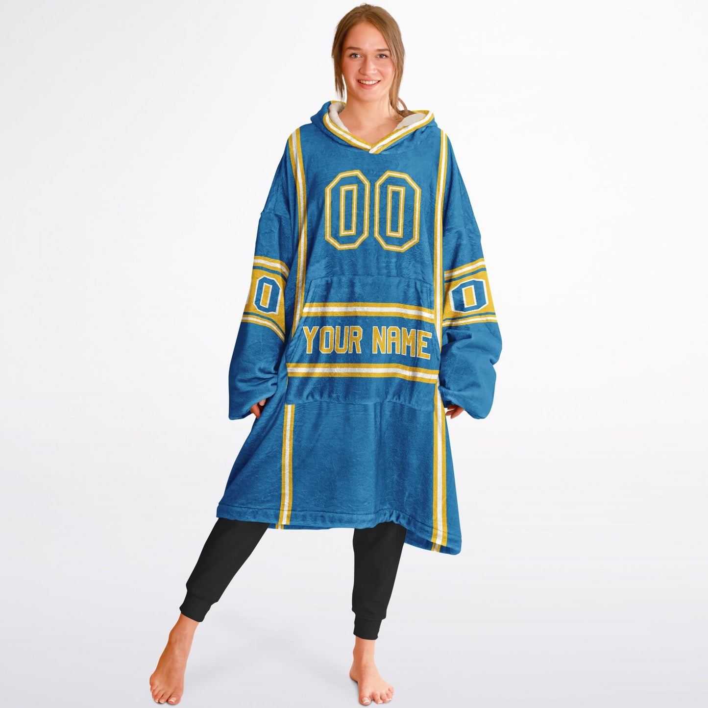 Blue, gold, and white lineup snug hoodie with clean line work and subtle jersey influence.