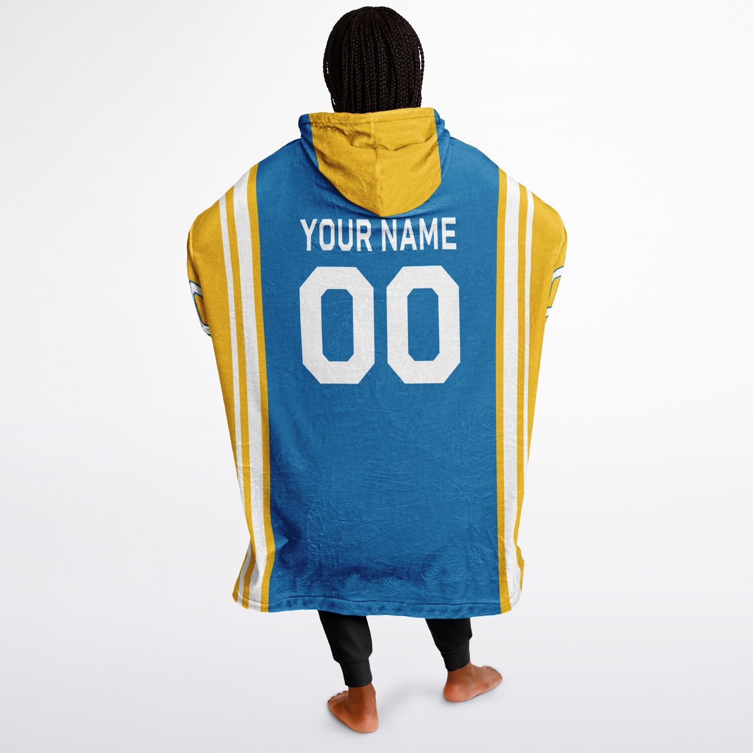 Blue, gold, and white bold snug hoodie with triple color blocking and a sporty aesthetic.