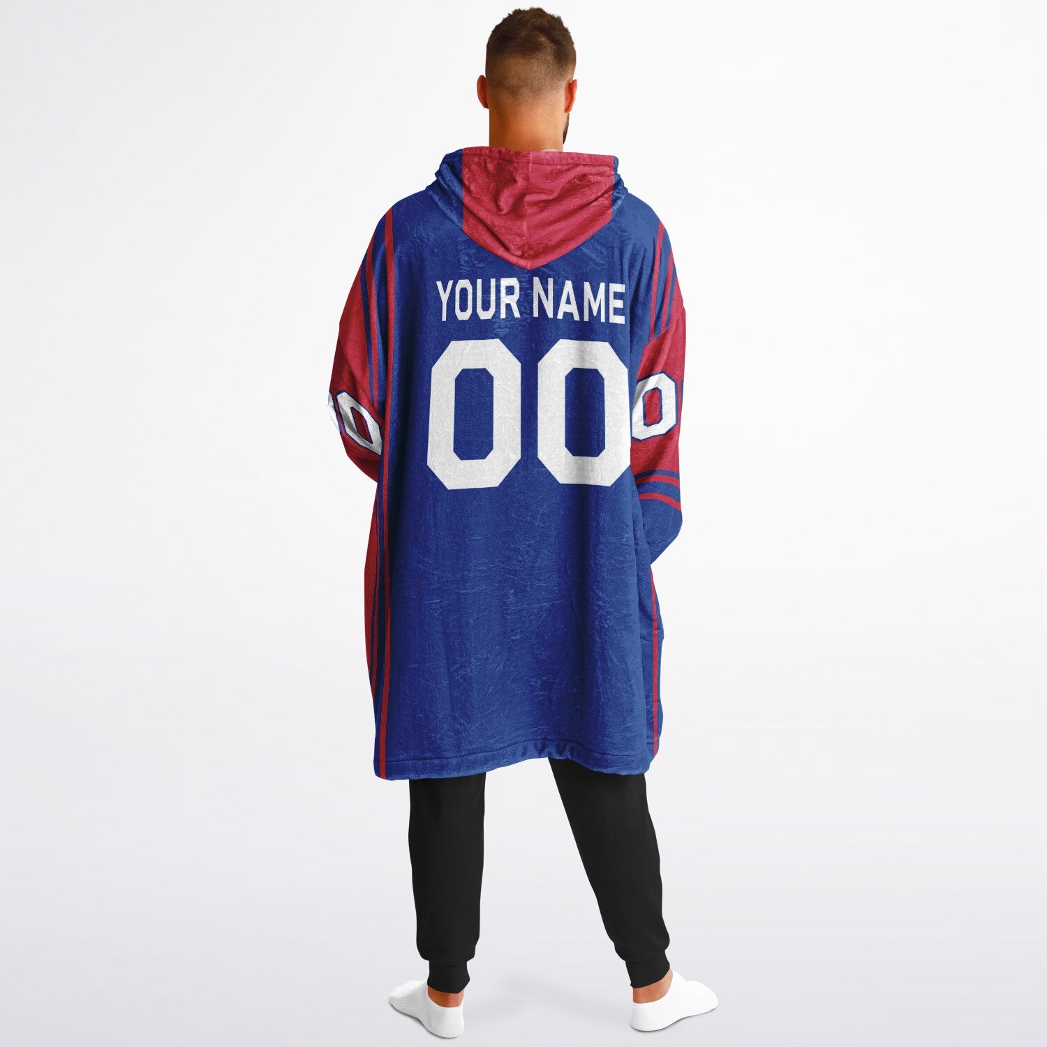 Blue and red bold snug hoodie with modern color-block design and soft loungewear fit.