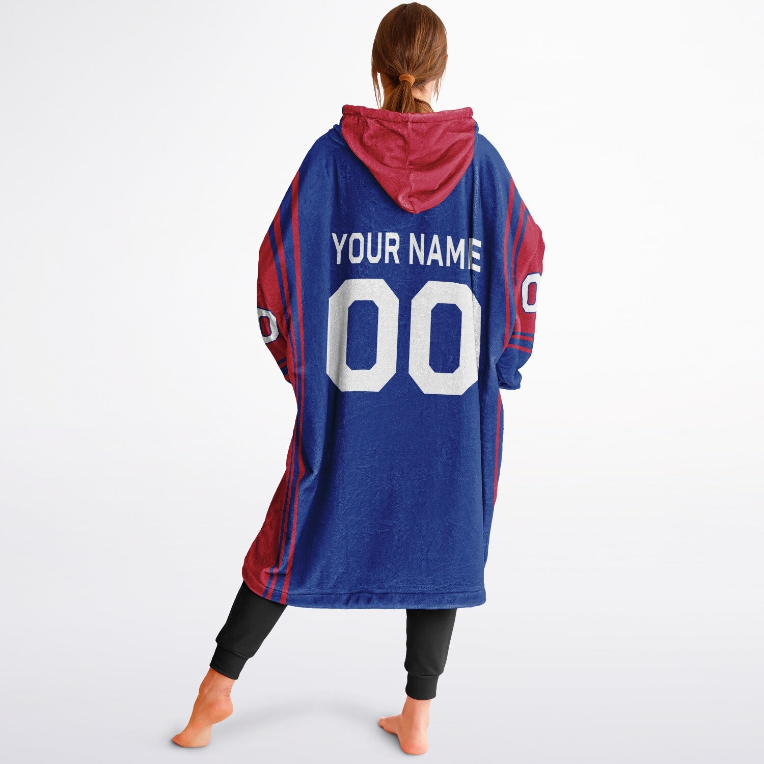 Blue and red bold snug hoodie with modern color-block design and soft loungewear fit.