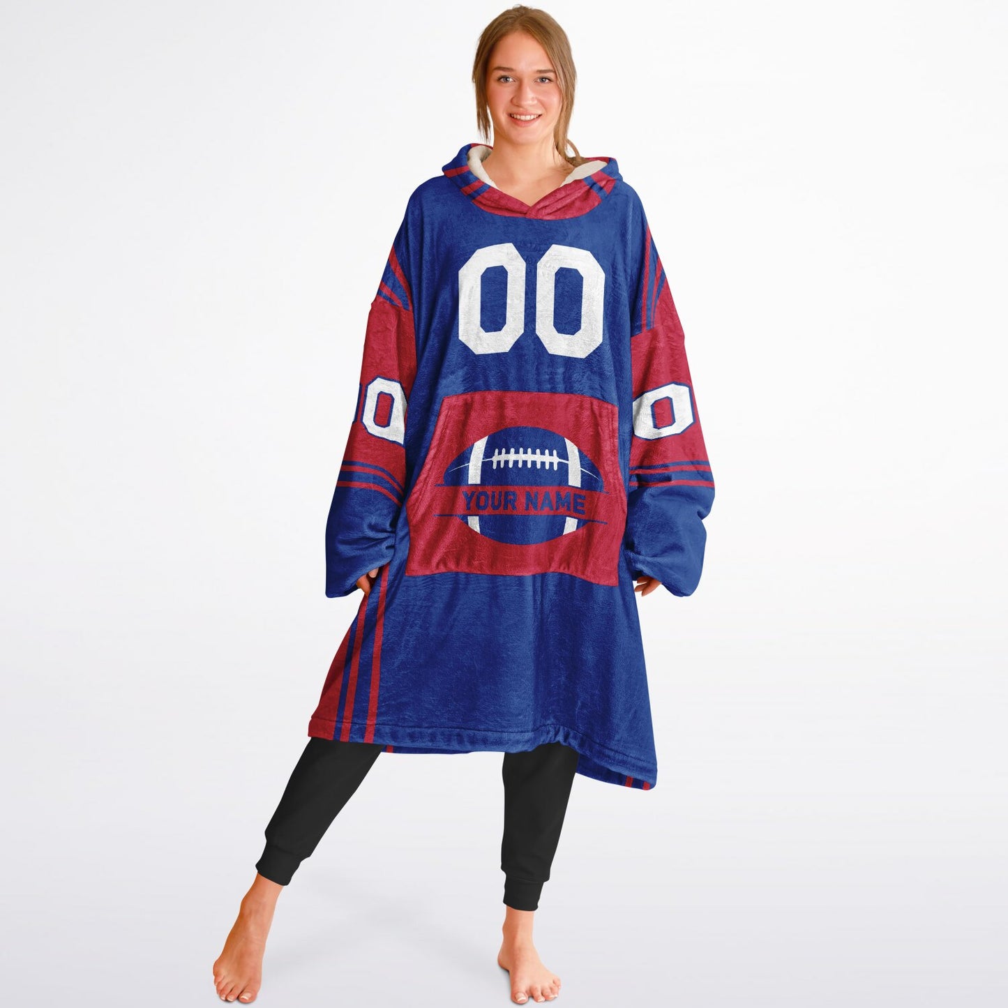 Blue and red bold snug hoodie with modern color-block design and soft loungewear fit.