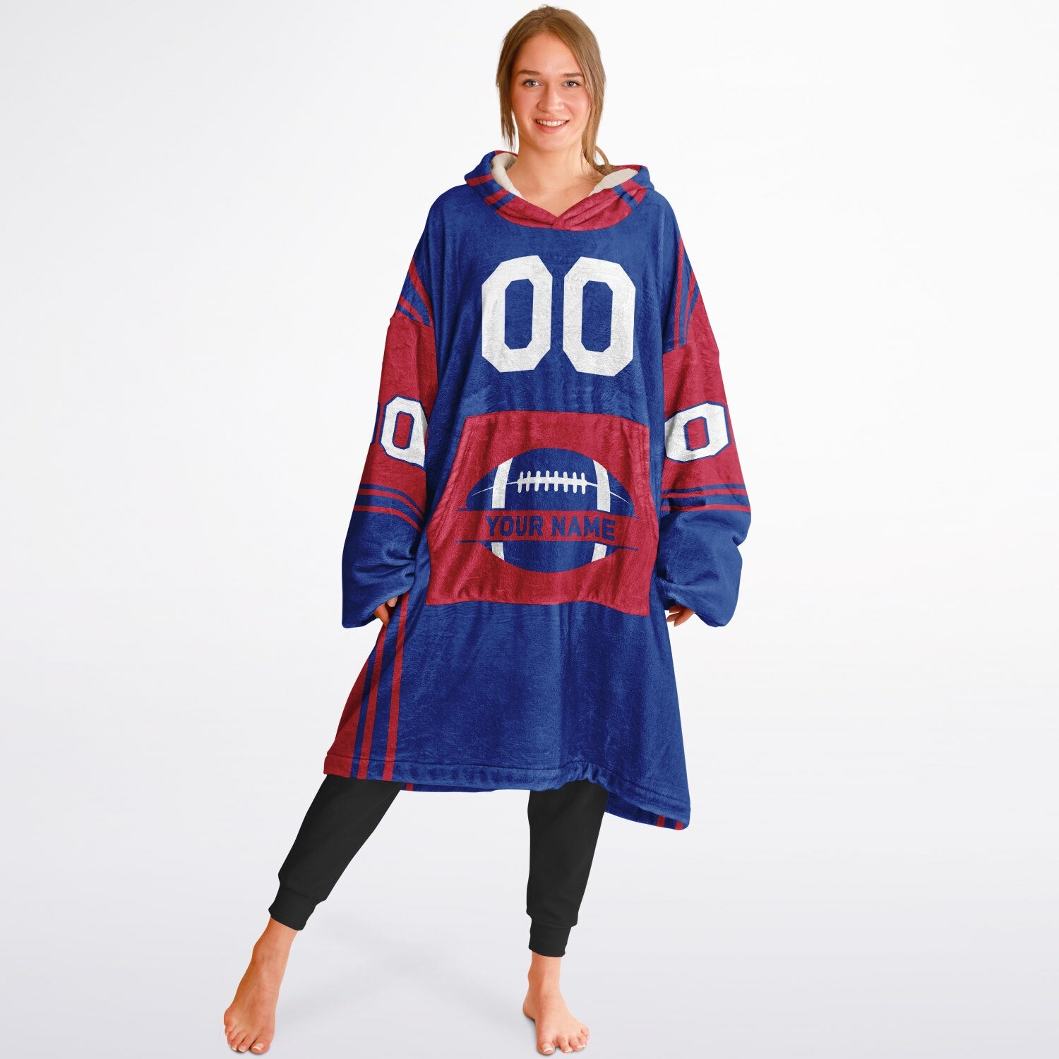 Blue and red bold snug hoodie with modern color-block design and soft loungewear fit.