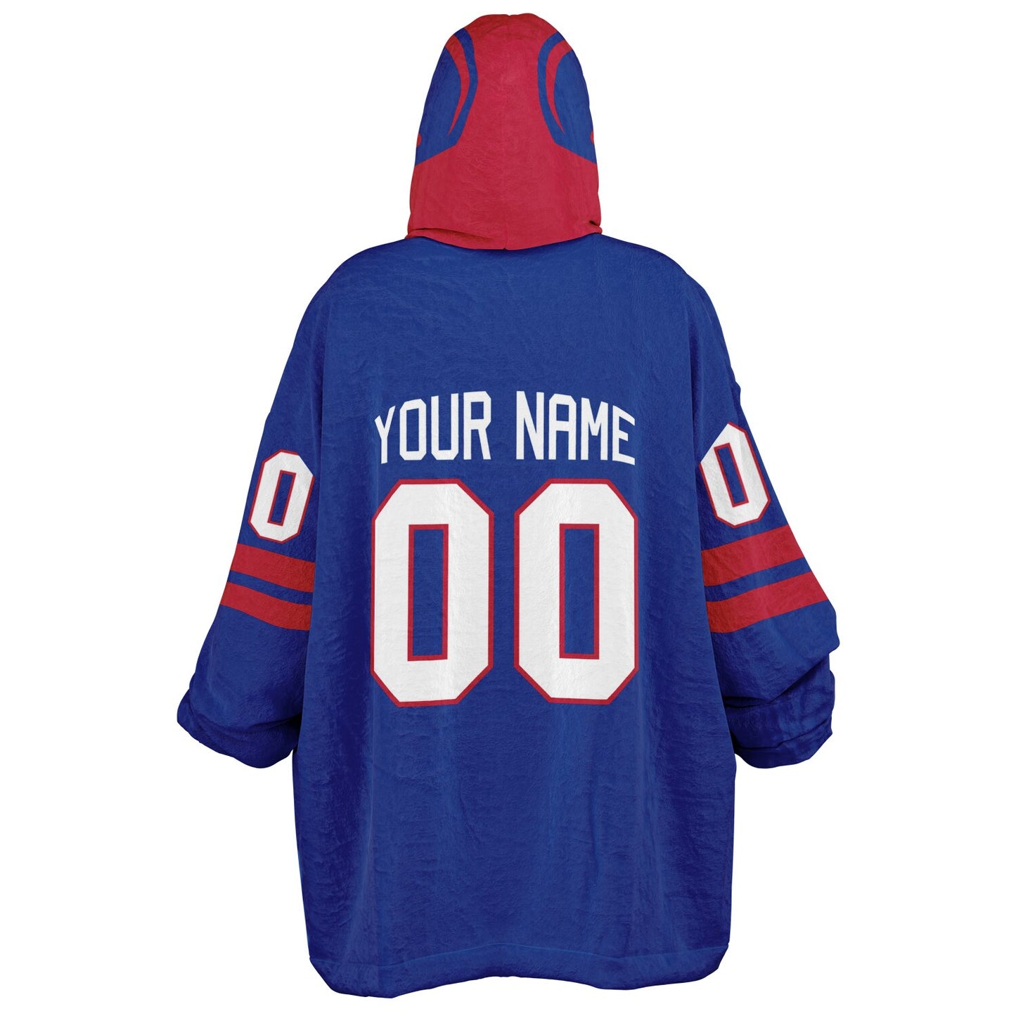 Blue and red classic snug hoodie featuring jersey-style stripes and personalized name and number.