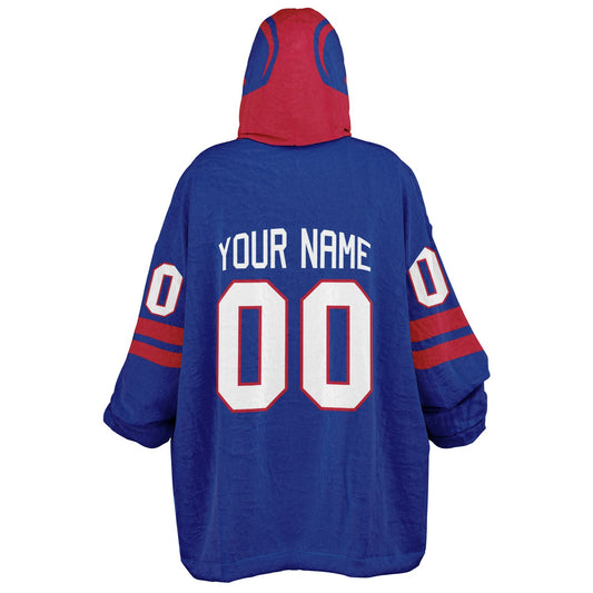 Blue and red classic snug hoodie featuring jersey-style stripes and personalized name and number.
