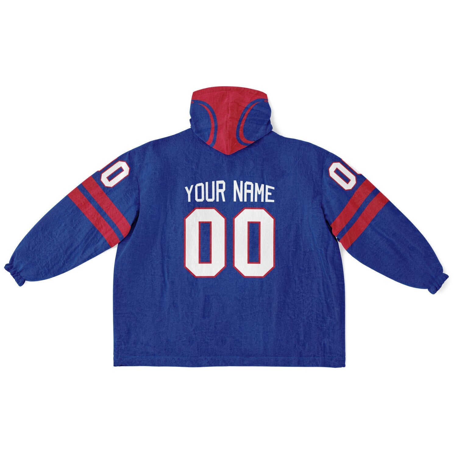 Blue and red classic snug hoodie featuring jersey-style stripes and personalized name and number.